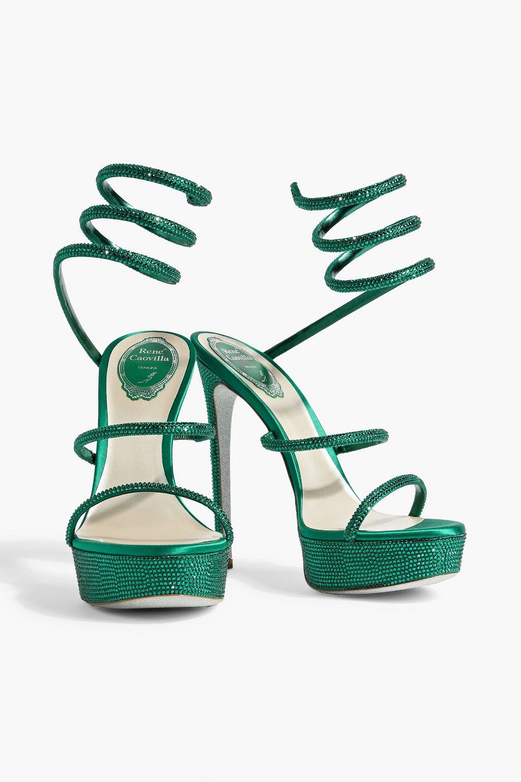 RENE' CAOVILLA Serpiana crystal-embellished satin platform sandals