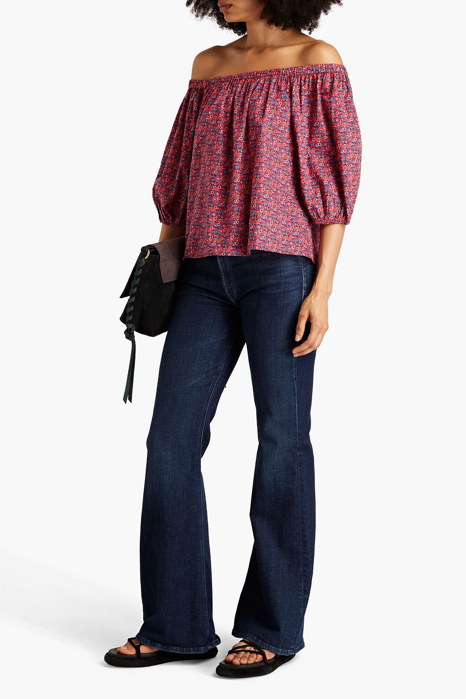 Ba&sh Fustave Off-the-shoulder Floral-print Cotton-poplin Shirt In Crimson