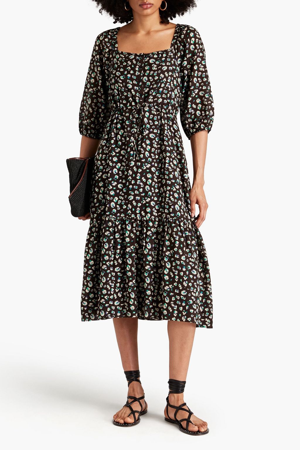 BA&SH Balea gathered printed cotton-blend midi dress