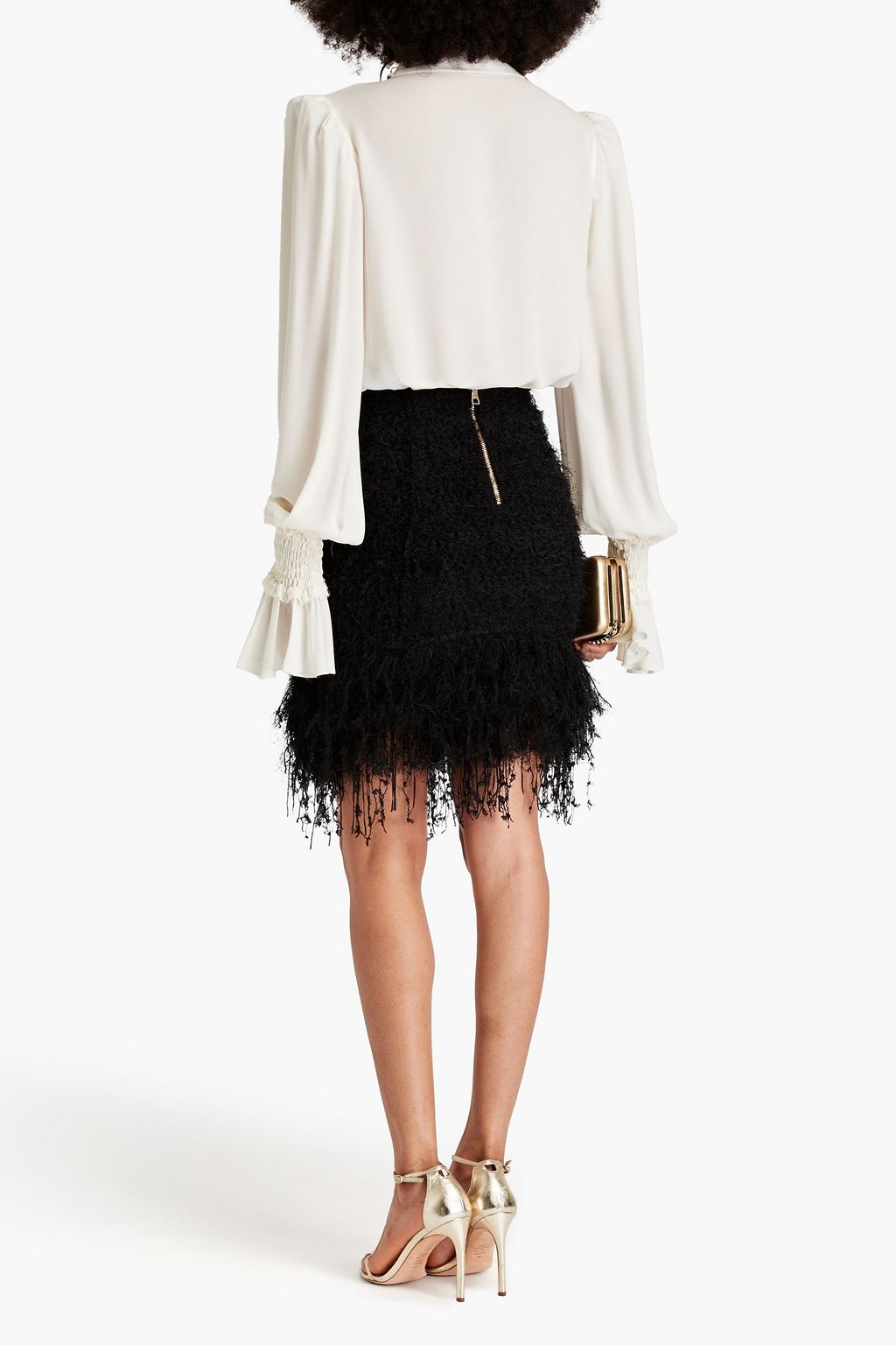 BALMAIN Embellished frayed tweed mini skirt