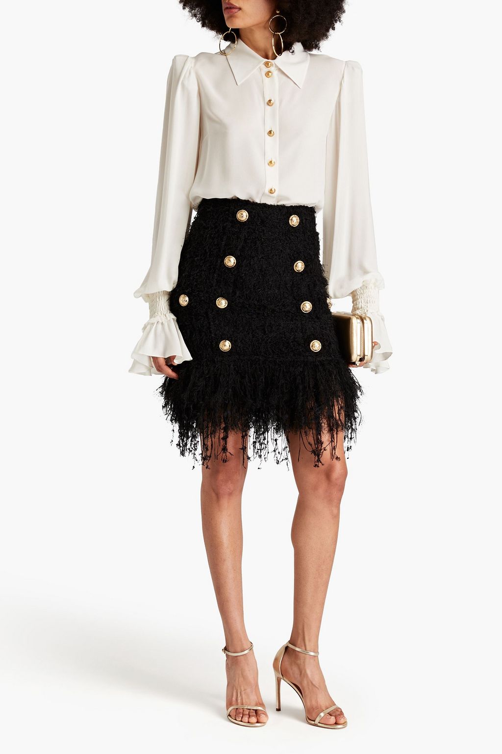 BALMAIN Embellished frayed tweed mini skirt