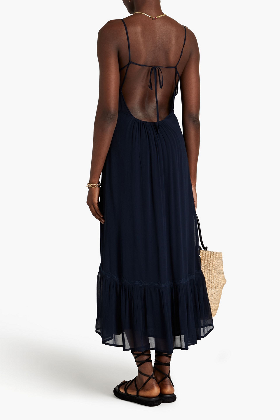 Shop Ba&sh Michele Embroidered Georgette Midi Dress In Midnight Blue