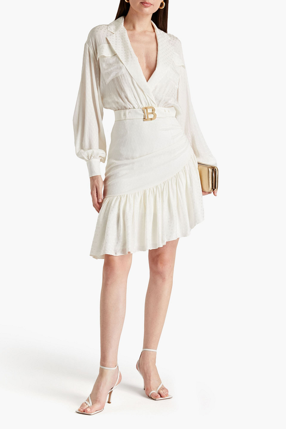  Balmain - Asymmetrisches Hemdkleid Aus Seidenjacquard - Weiß - Fr 34 