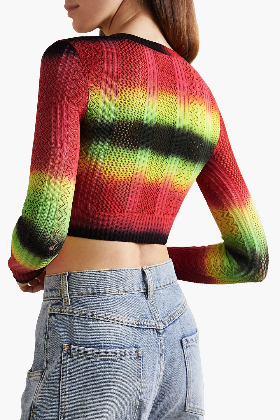 Agr Cropped Tie-dyed Pointelle-knit Sweater In Red
