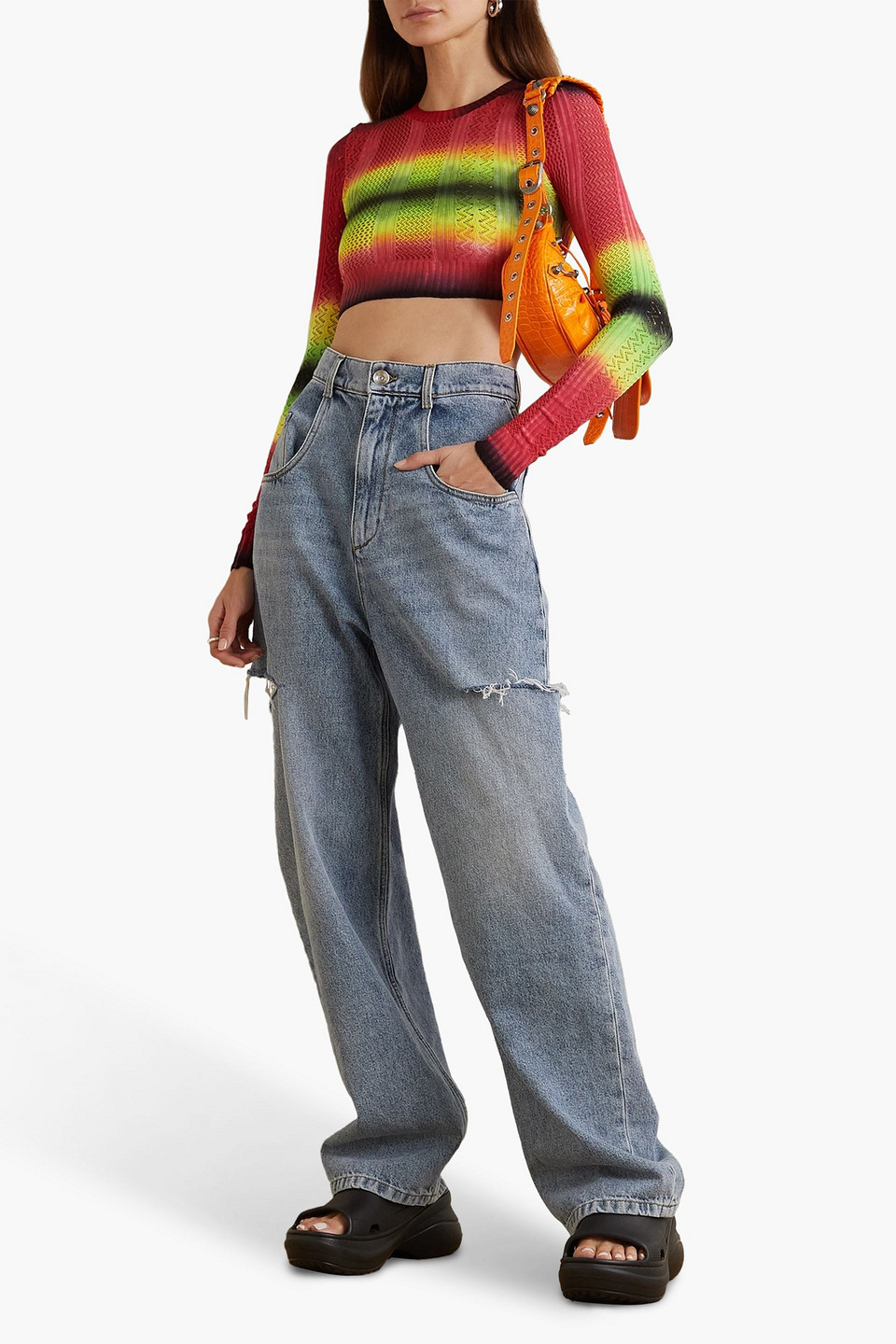 Agr Cropped Tie-dyed Pointelle-knit Sweater In Red