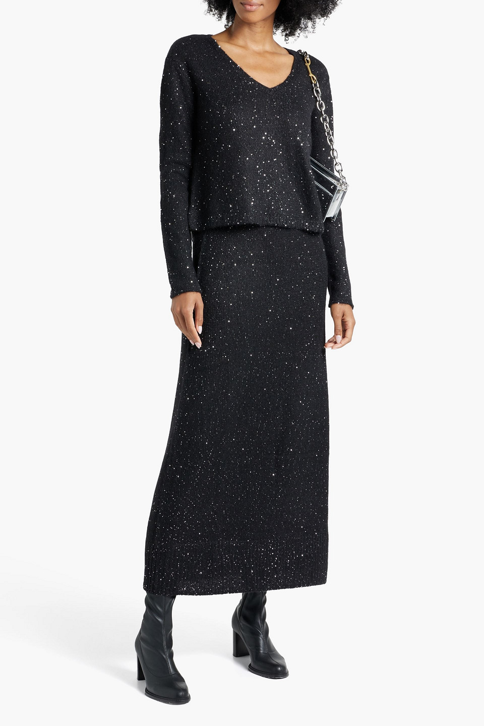 Atm Anthony Thomas Melillo Sequin-embellished Knitted Maxi Skirt In Black