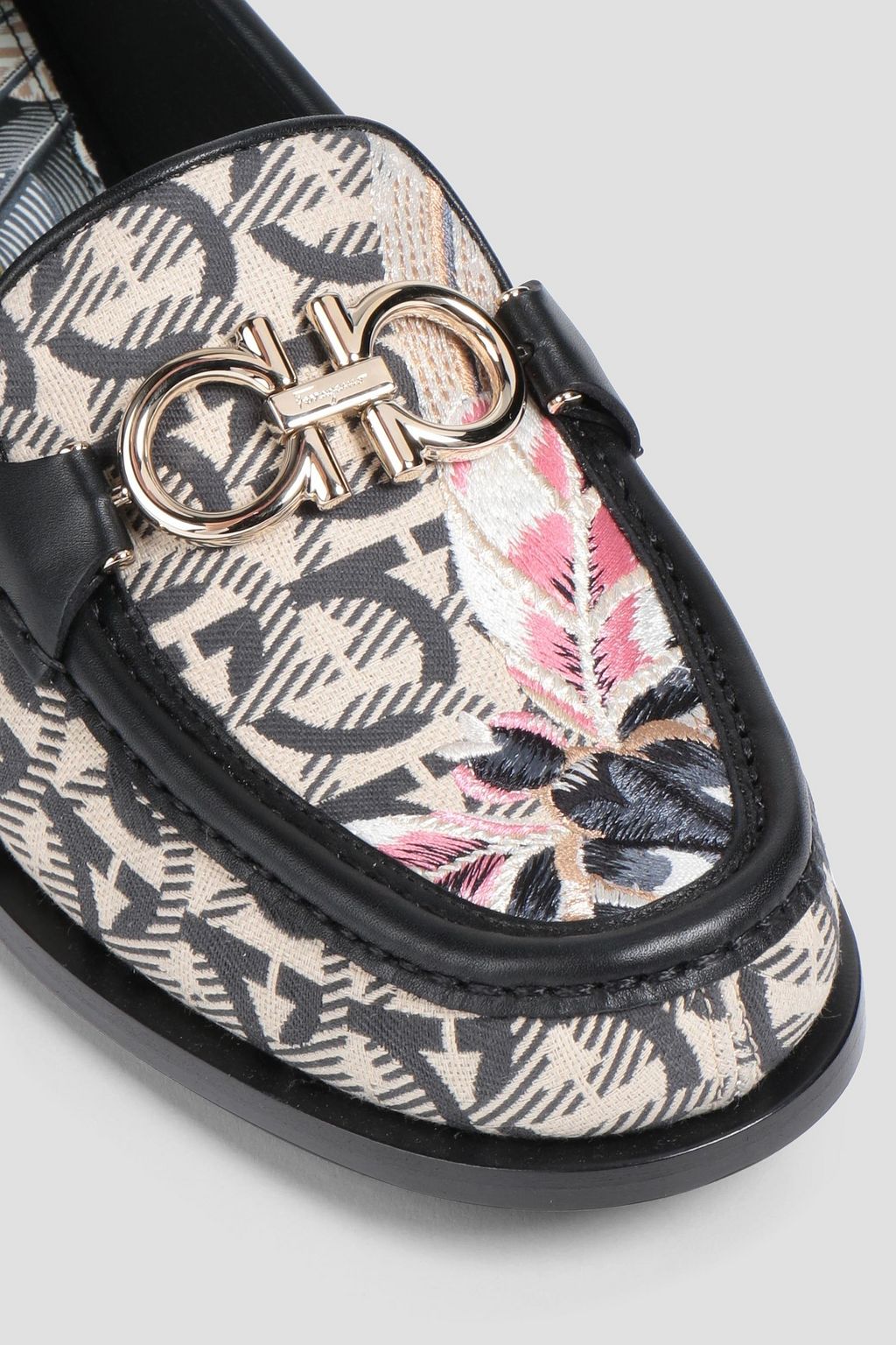 FERRAGAMO Leather-trimmed printed canvas loafers