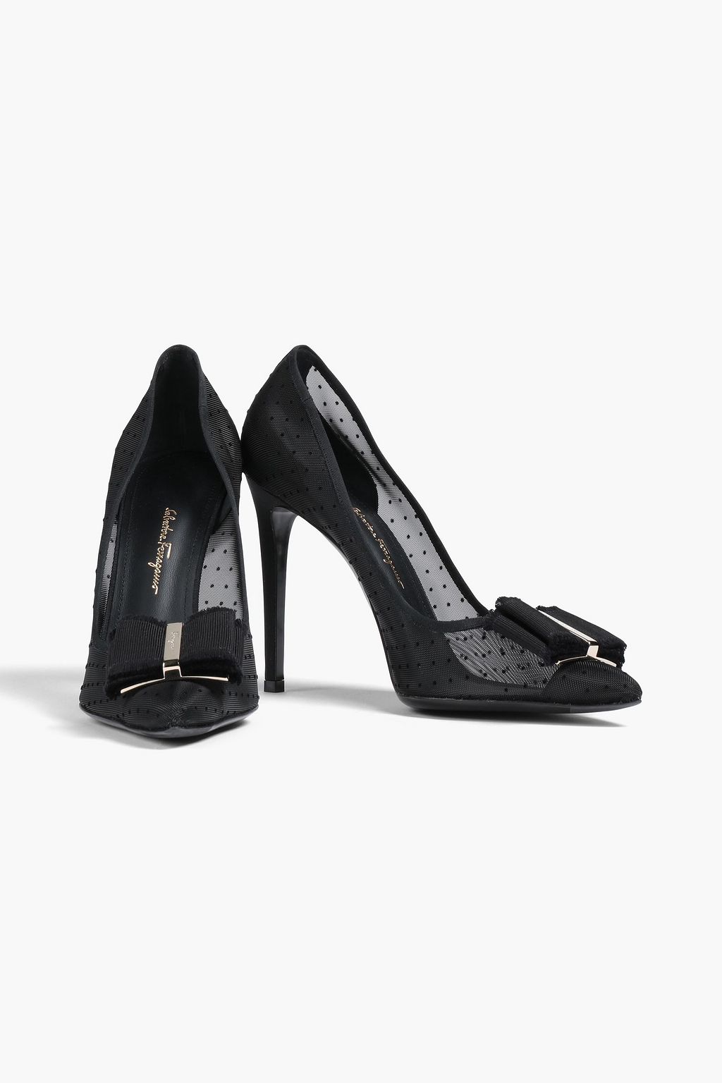 FERRAGAMO Bow-embellished polka-dot mesh pumps