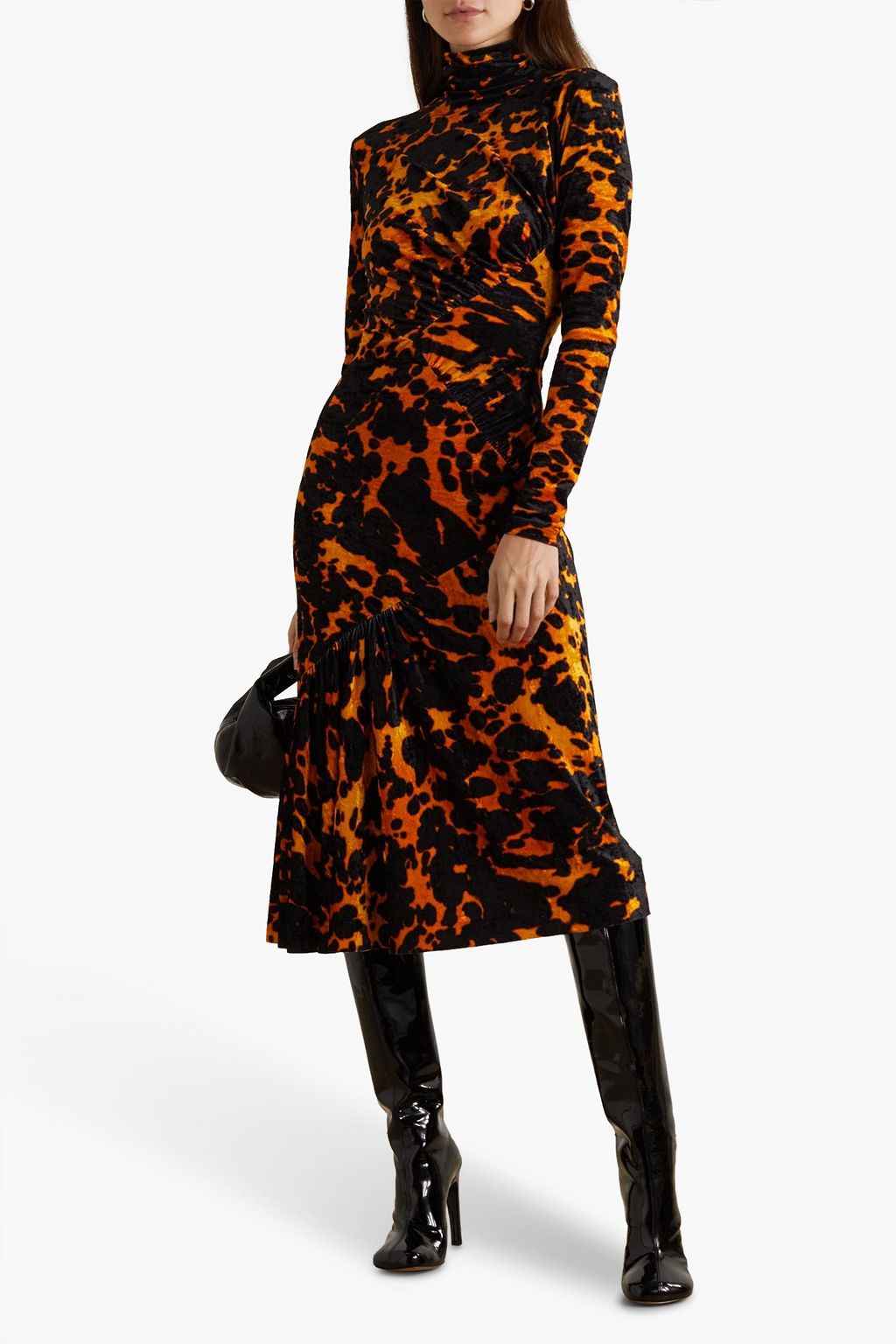 DRIES VAN NOTEN Printed chenille turtleneck midi dress