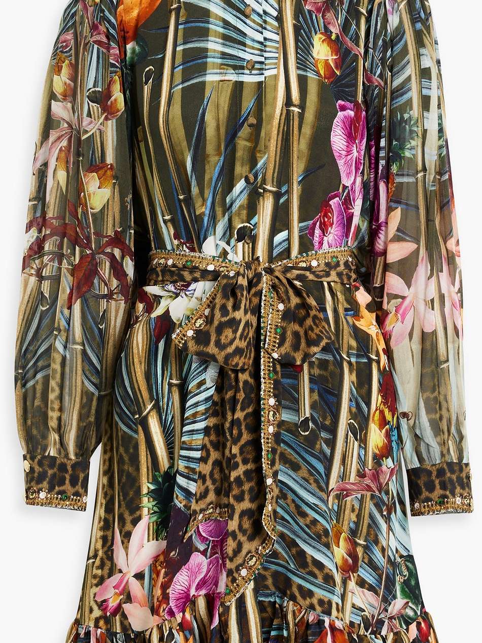 embellished printed silk crepe de chine mini shirt dress