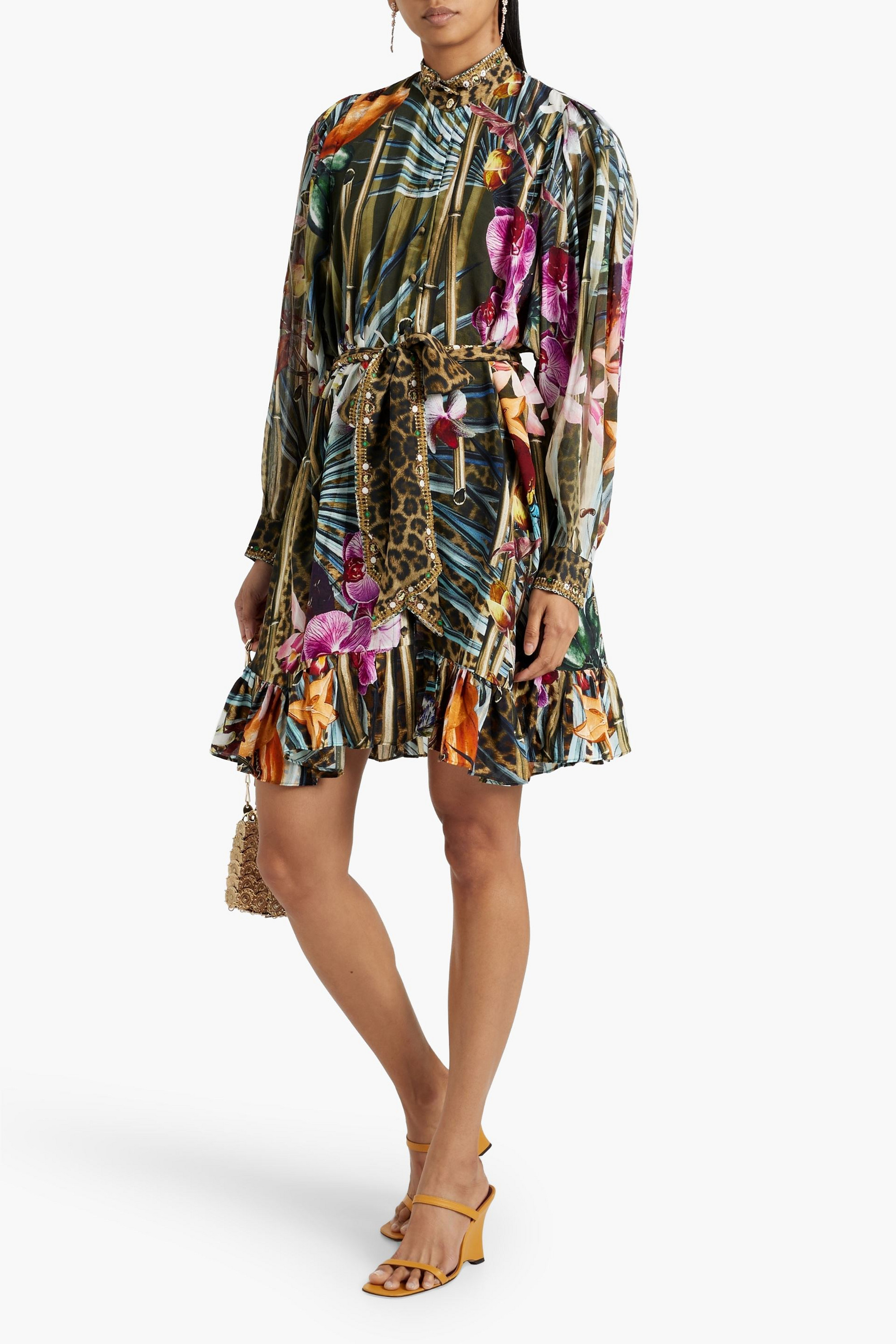 Camilla Embellished printed silk crepe de chine mini shirt dress