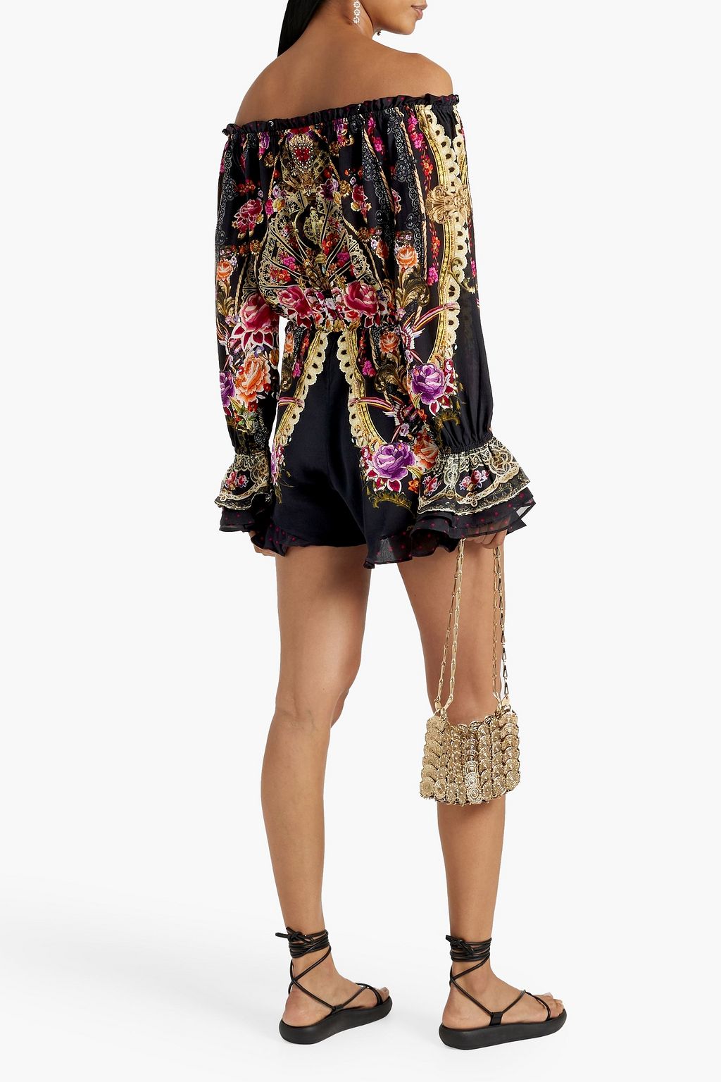 CAMILLA Off-the-shoulder embellished printed silk-chiffon playsuit