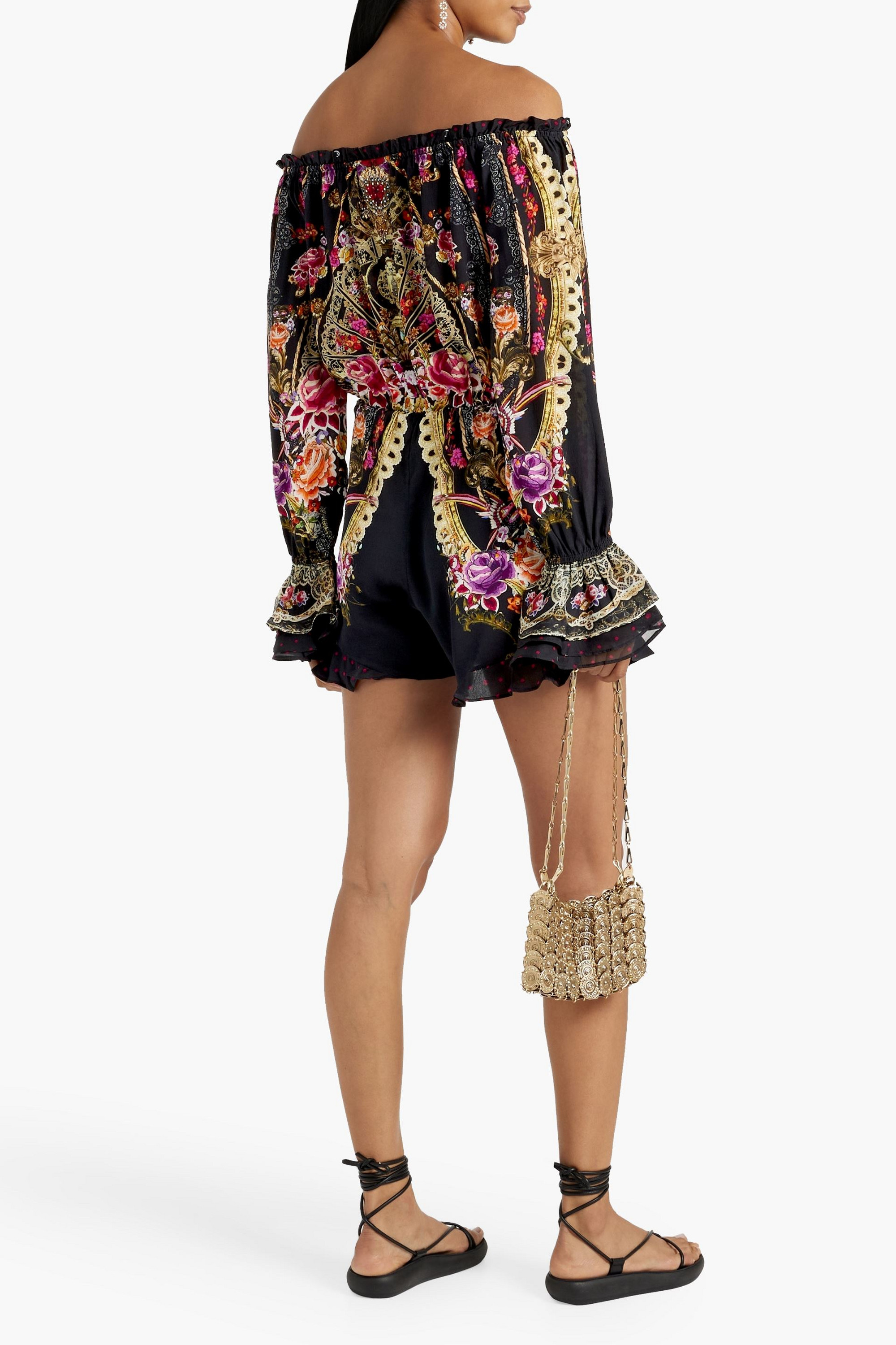 Camilla Off-the-shoulder embellished printed silk-chiffon playsuit