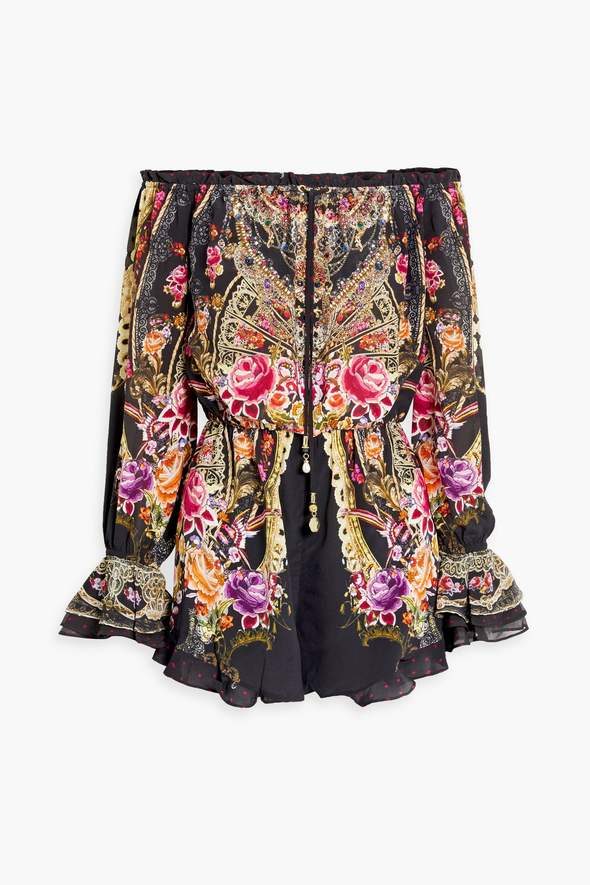 Camilla Off-the-shoulder embellished printed silk-chiffon playsuit