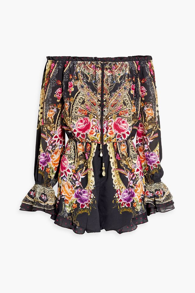 Off-the-shoulder embellished printed silk-chiffon playsuit