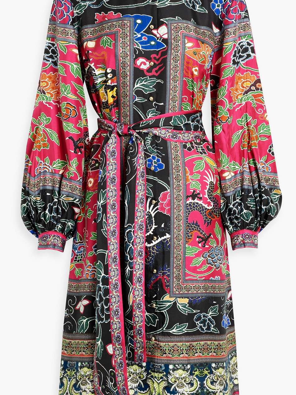 crystal-embellished printed silk-twill midi shirt dress