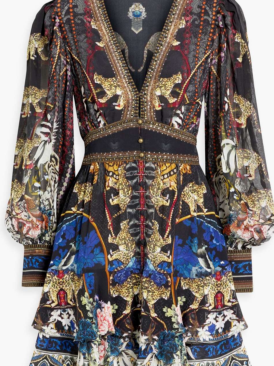 crystal-embellished printed silk-chiffon mini dress