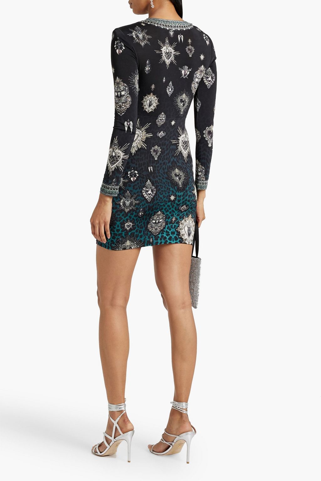 CAMILLA Wrap-effect embellished printed stretch-jersey mini dress