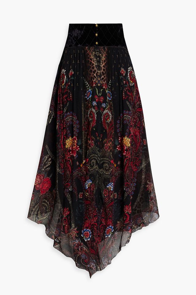 Embellished printed silk-crepon maxi skirt