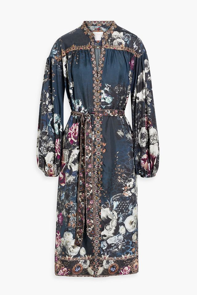 Belted embellished silk crepe de chine midi dress