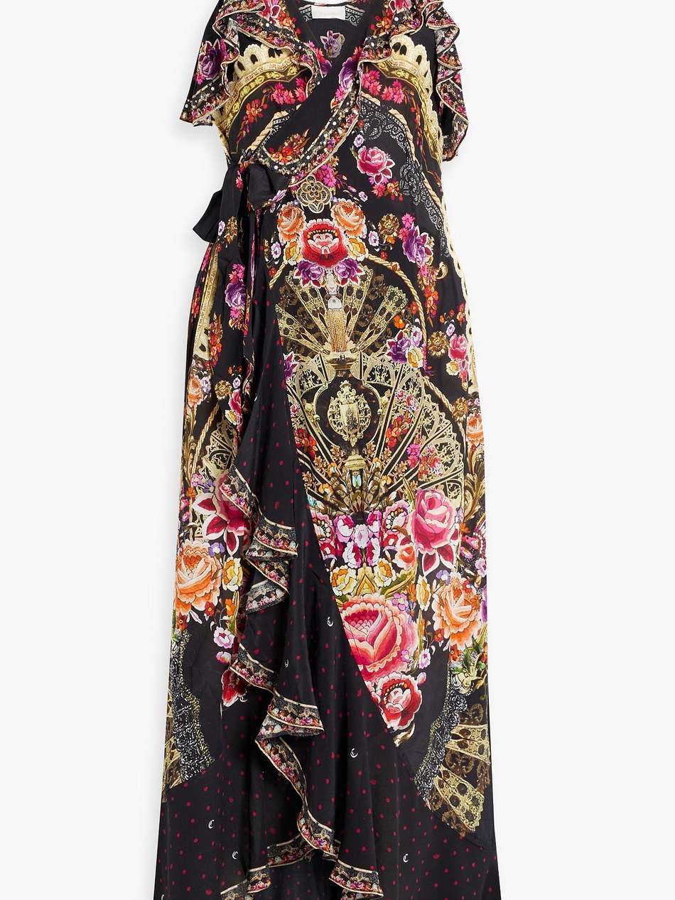 ruffled printed silk crepe de chine maxi wrap dress