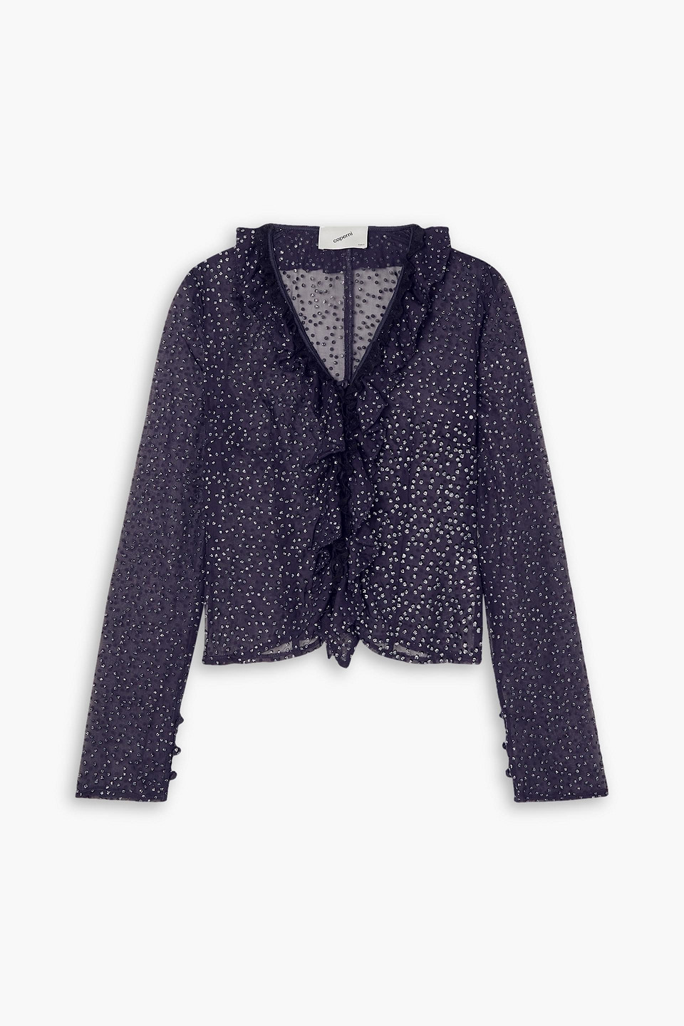 Shop Coperni Ruffled Lace-trimmed Glittered Silk-chiffon Blouse In Navy