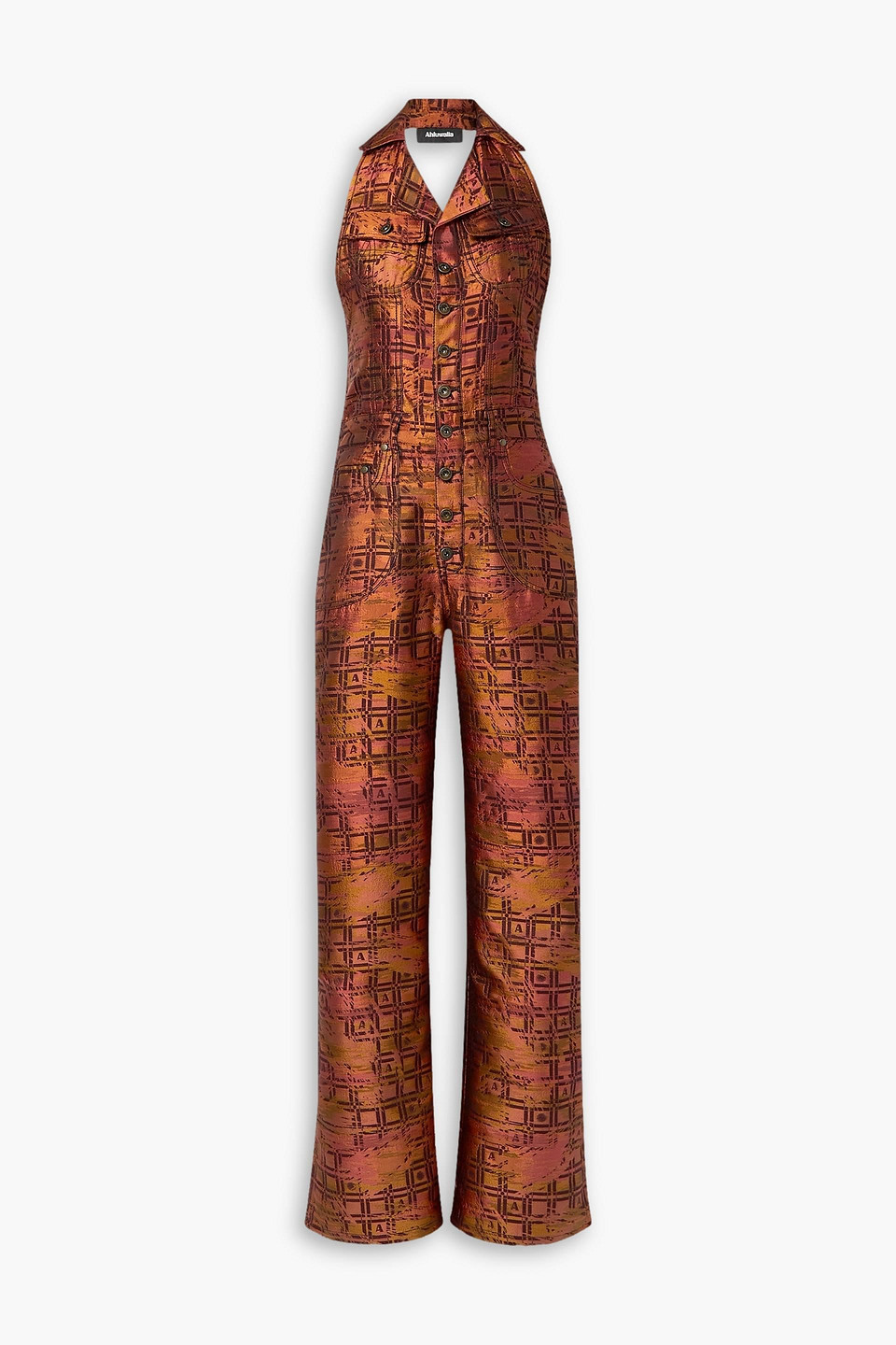 Ahluwalia Silk And Wool-blend Jacquard Halterneck Jumpsuit In Tan