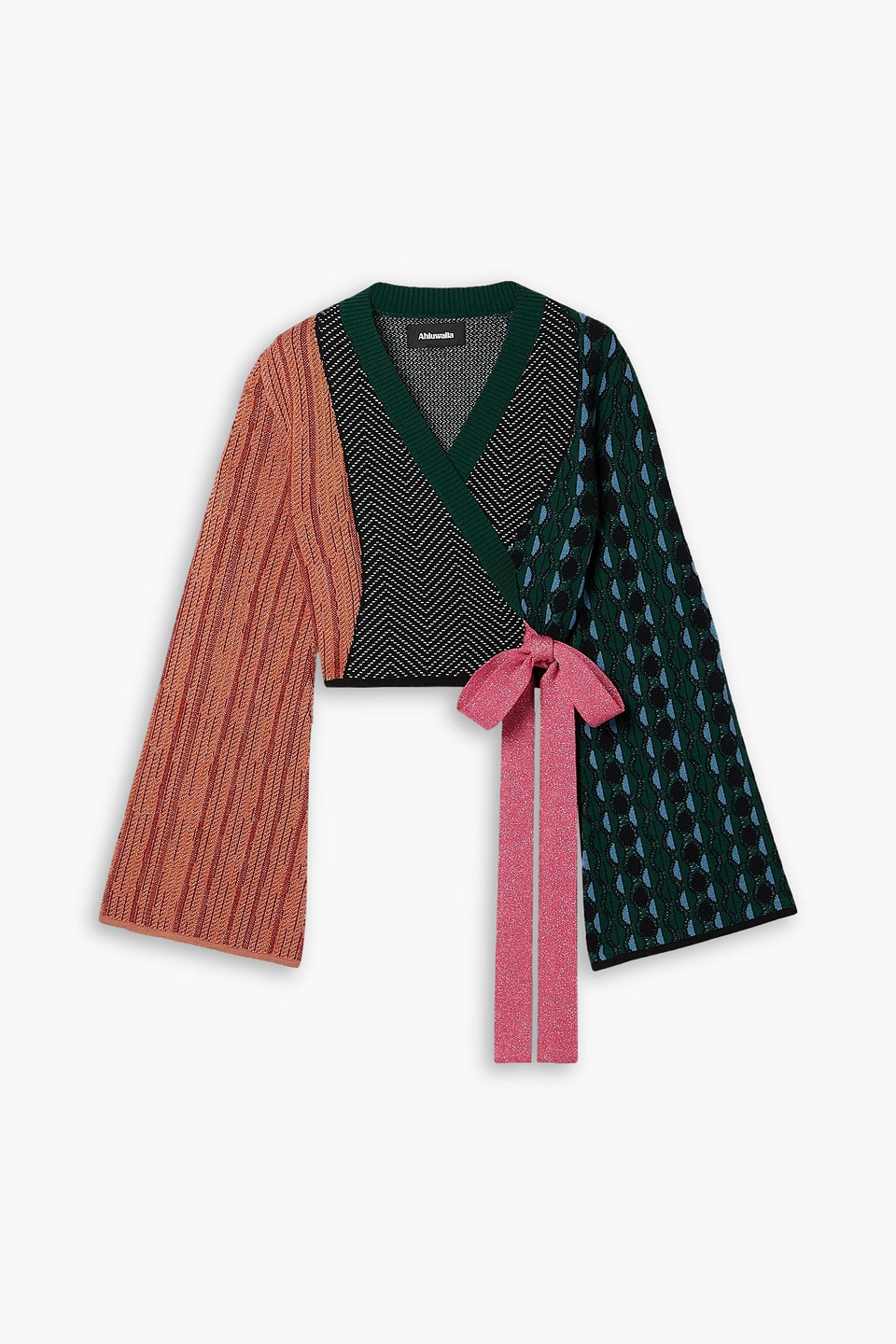 Ahluwalia Cropped Patchwork-effect Jacquard-knit Merino Wool Wrap Cardigan In Dark Green