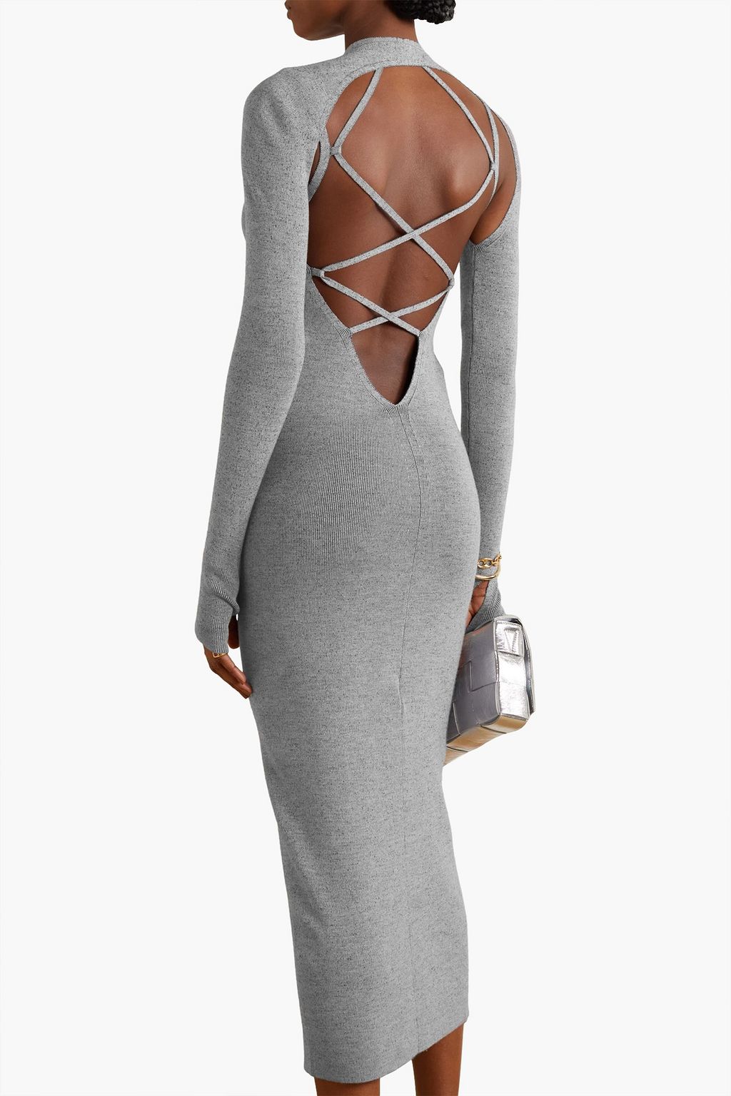 DION LEE فستان متوسط الطول وسترة قصيرة من مزيج صوف مارينو مزين بفتحات