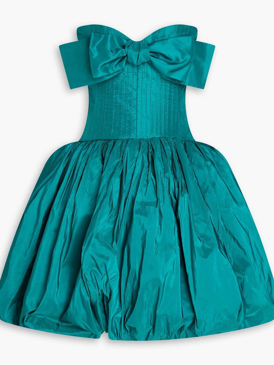 strapless bow-embellished silk-taffeta mini dress
