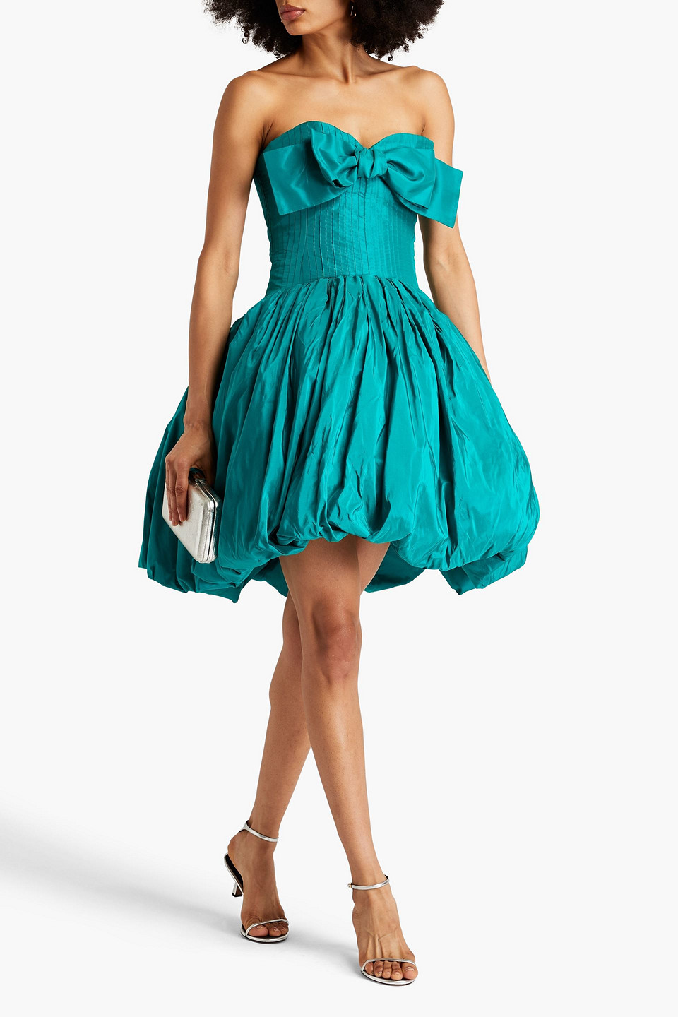 Shop Oscar De La Renta Strapless Bow-embellished Silk-taffeta Mini Dress In Teal