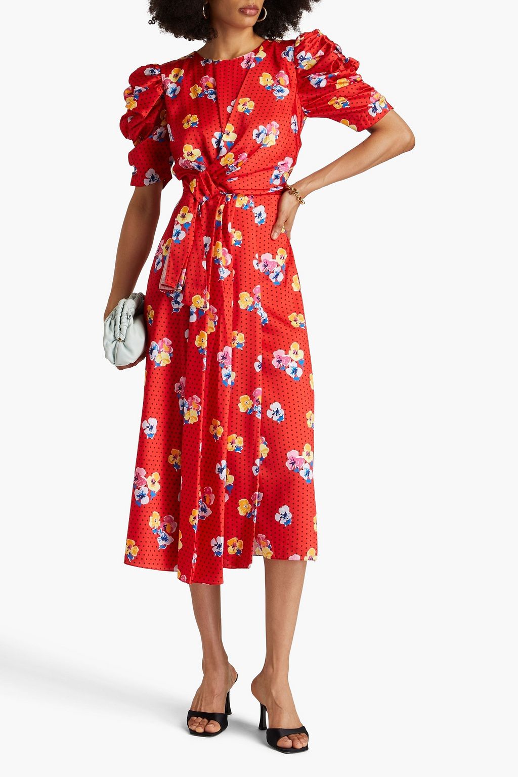 CAROLINA HERRERA ツイル ラップ風ミディワンピース ルーシュ&プリント入り