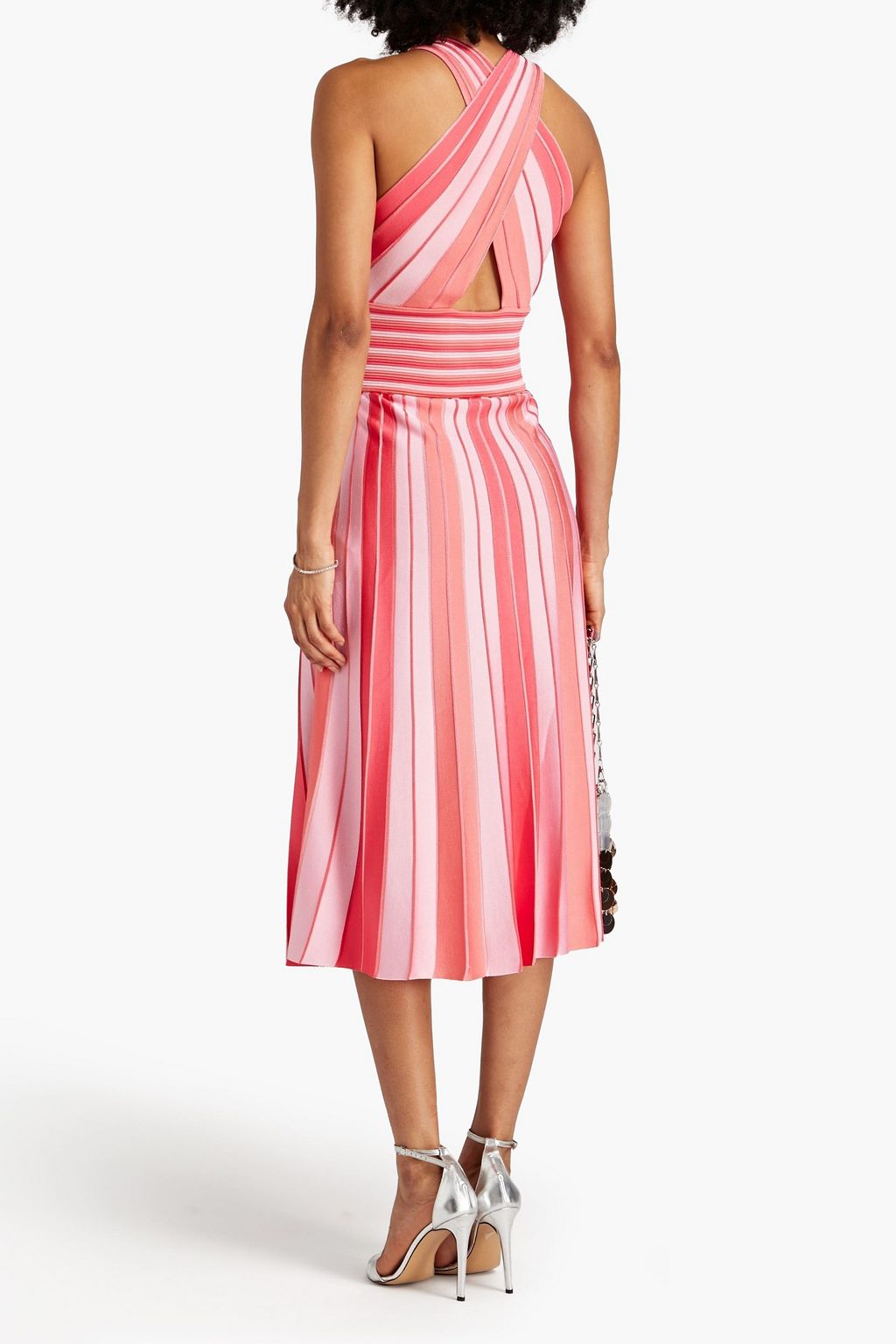 CAROLINA HERRERA ストレッチニット ミディワンピース ドレープ入り ストライプ