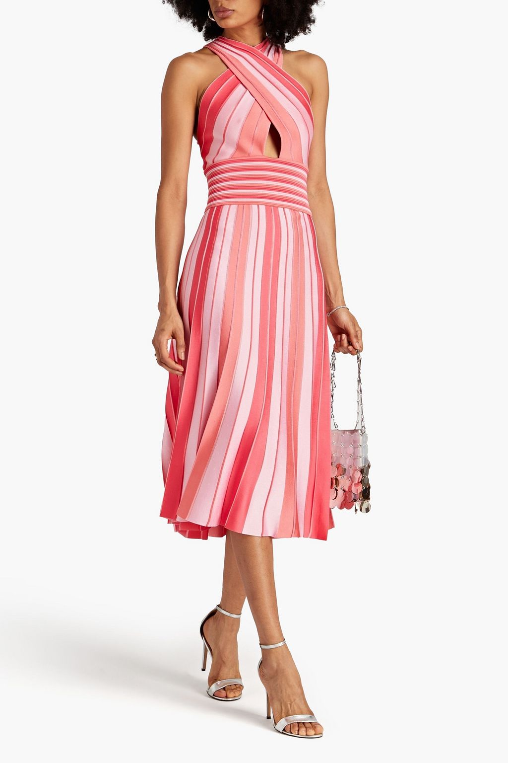 CAROLINA HERRERA ストレッチニット ミディワンピース ドレープ入り ストライプ