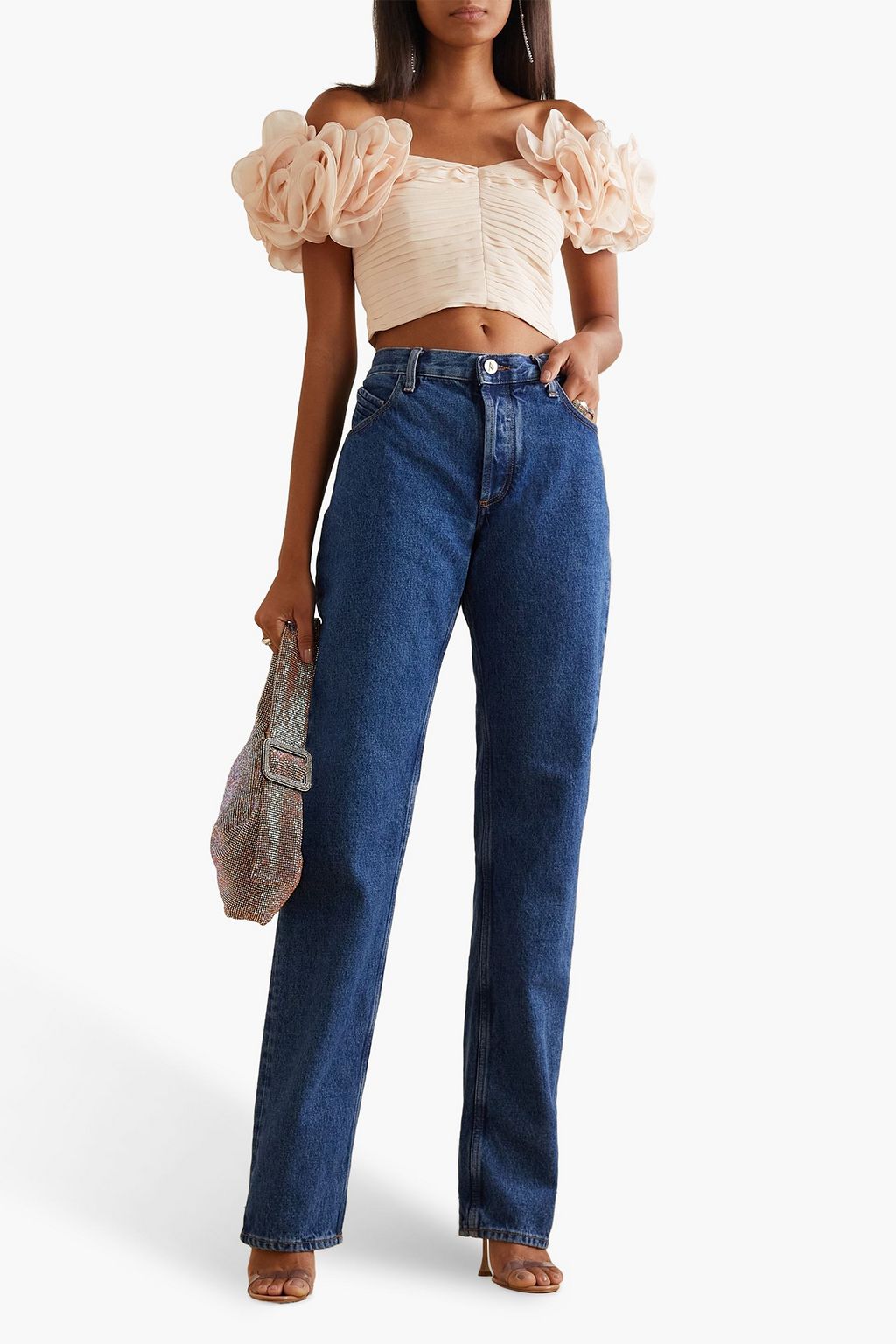 MAGDA BUTRYM Off-the-shoulder cropped ruched silk crepe de chine top