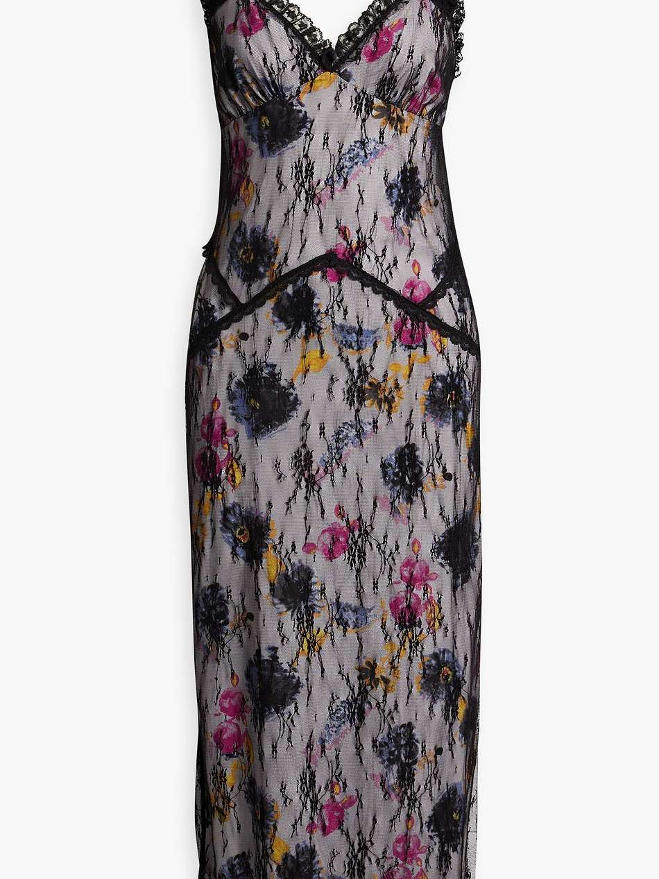 layered floral-print crepe de chine and lace midi dress
