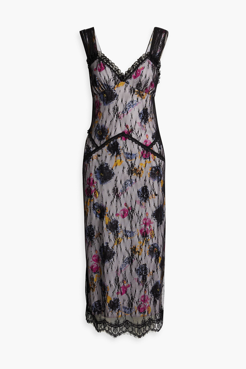 Anna Sui Layered Floral-print Crepe De Chine And Lace Midi Dress In Black