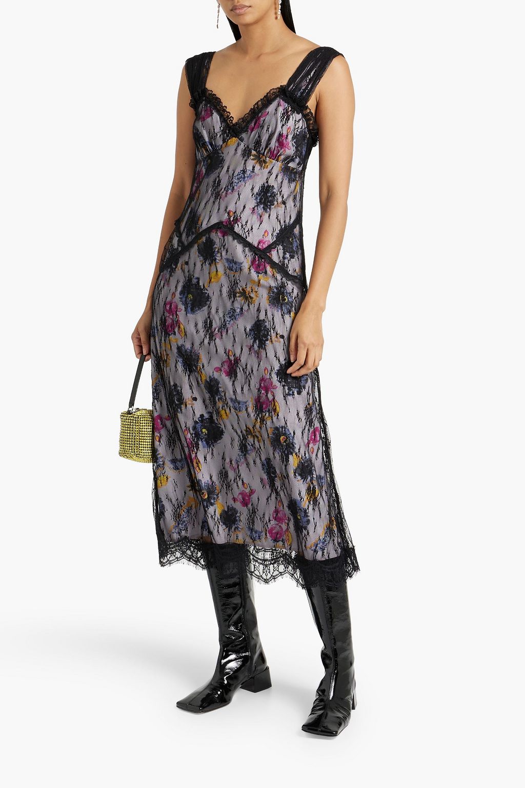ANNA SUI Layered floral-print crepe de chine and lace midi dress