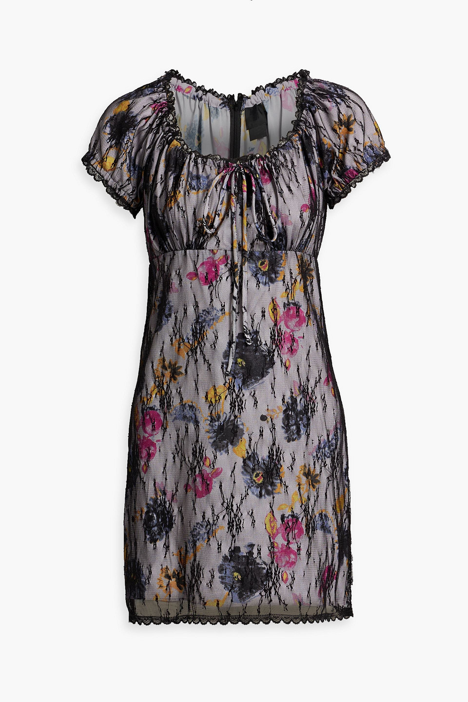 Layered floral-print crepe de chine and lace mini dress