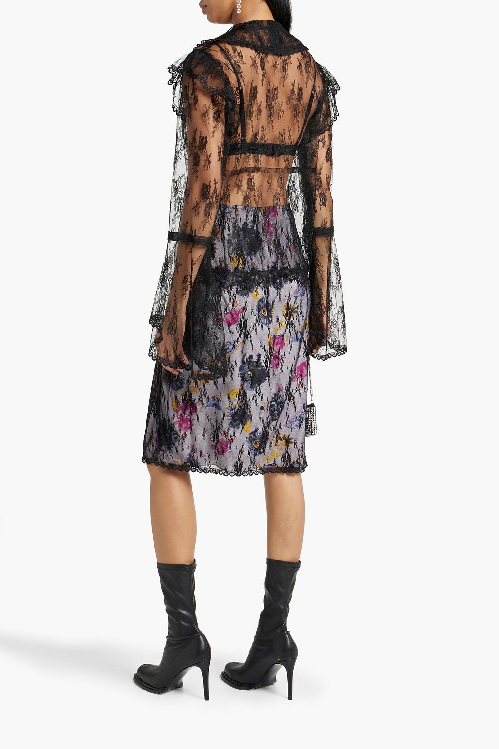 ANNA SUI Layered floral-print crepe de chine and lace skirt