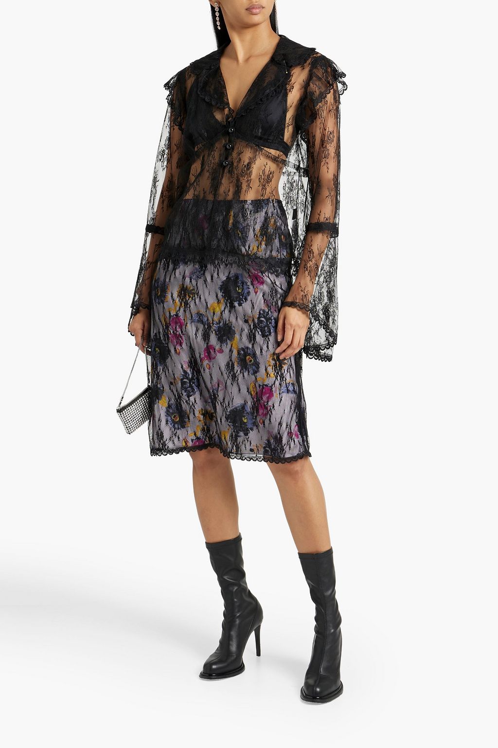 ANNA SUI Layered floral-print crepe de chine and lace skirt
