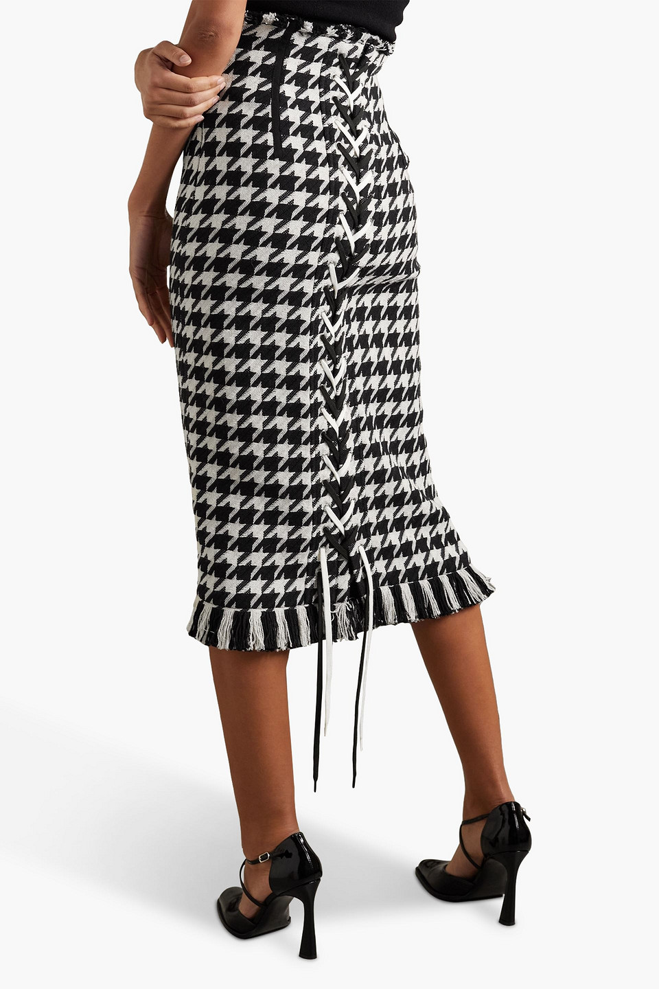  Monse - Fringed Houndstooth Tweed Midi Skirt - Black - Us 6 