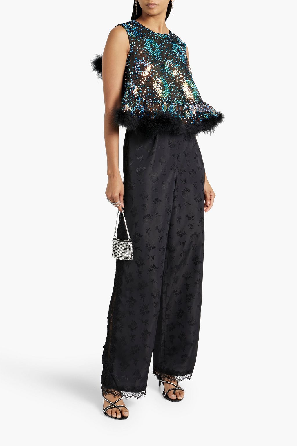 ANNA SUI Hose mit weitem Bein aus glänzendem Jacquard mit Spitzenbesatz
