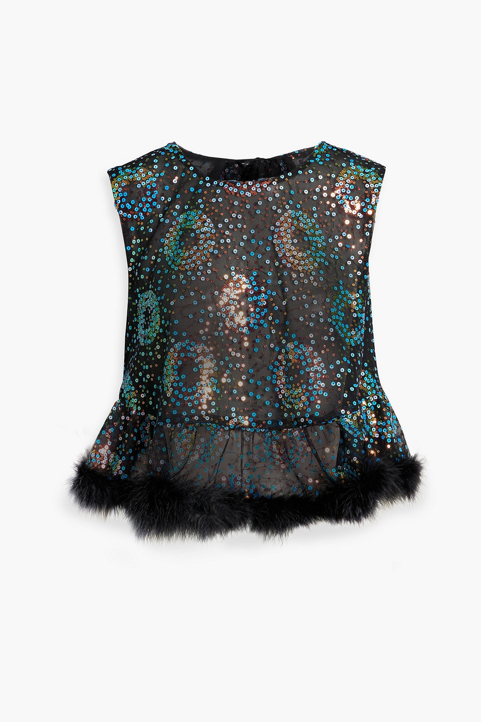 Anna Sui Open-back Embellished Tulle Peplum Top In Black