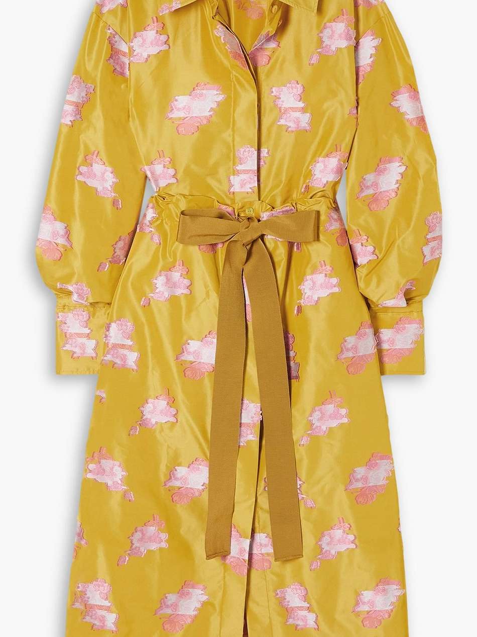 volume embroidered satin-jacquard midi shirt dress