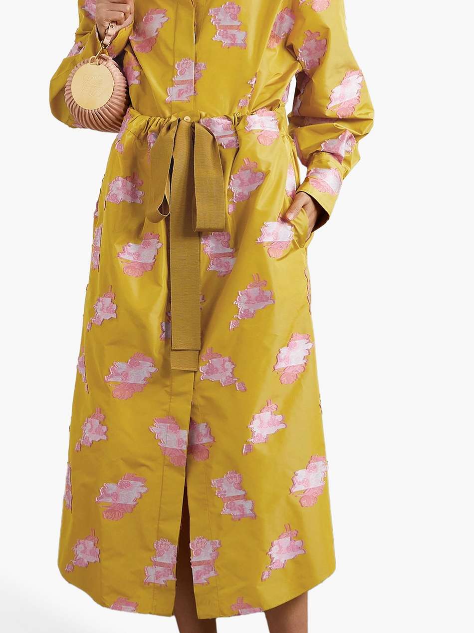 volume embroidered satin-jacquard midi shirt dress