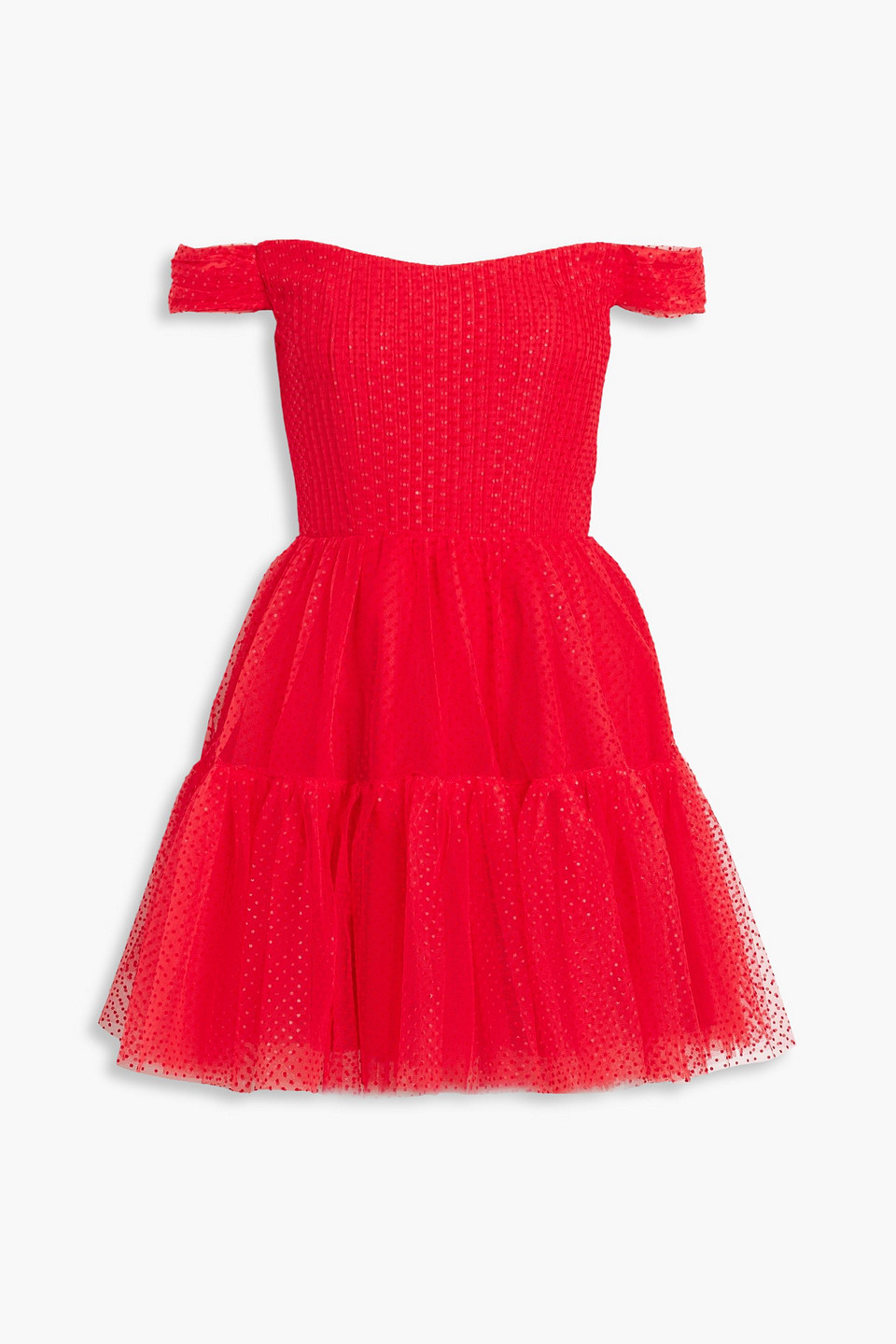 ml Monique Lhuillier Off-the-shoulder Flocked Tulle Mini Dress In Red