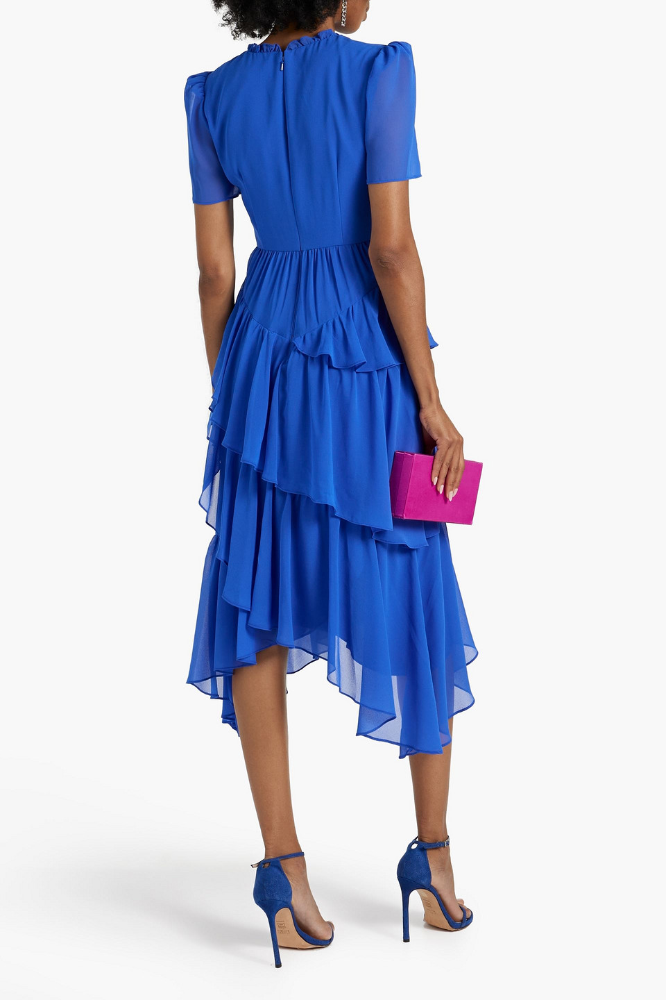 Shop Badgley Mischka Asymmetric Tiered Crepe Dress In Bright Blue