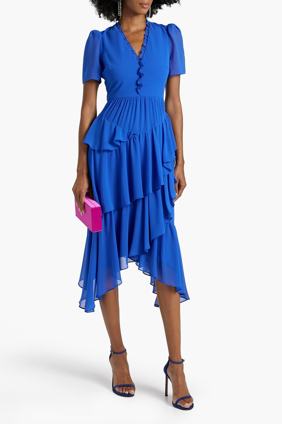 Shop Badgley Mischka Asymmetric Tiered Crepe Dress In Bright Blue