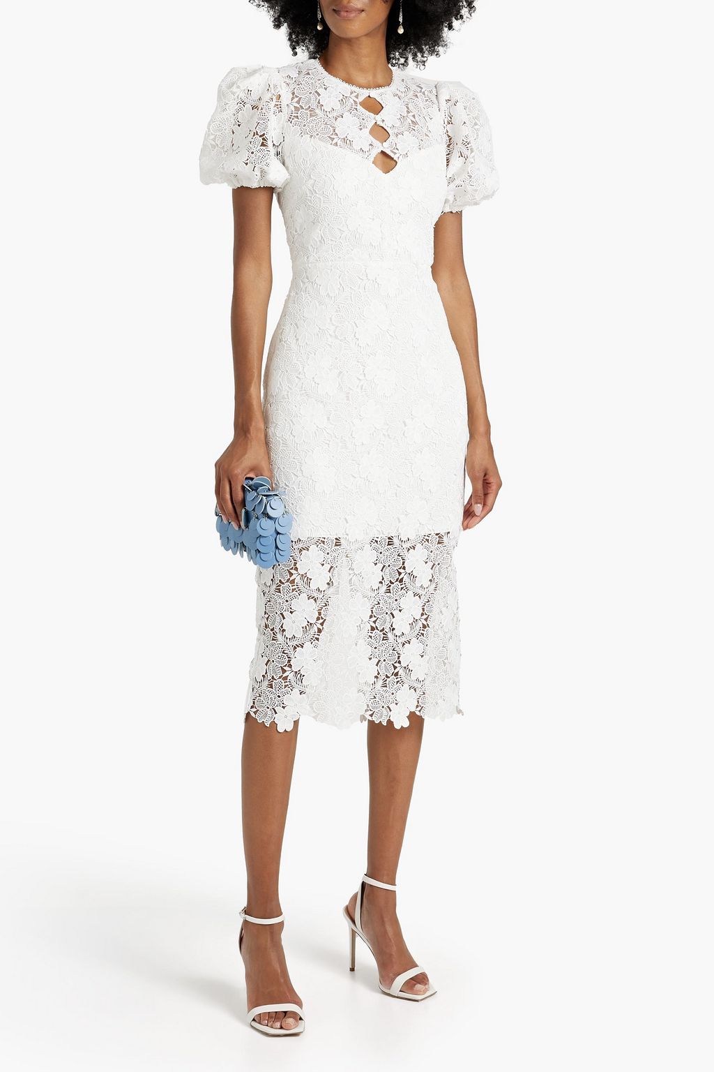 ML MONIQUE LHUILLIER Button-embellished cutout guipure lace midi dress